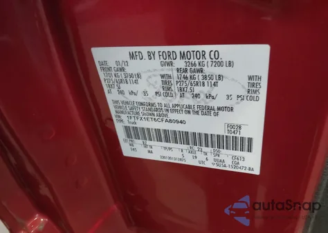 2012 Ford F-150 Xlt z USA, uszkodzony, nr VIN 1FTFX1ET6CFA80940